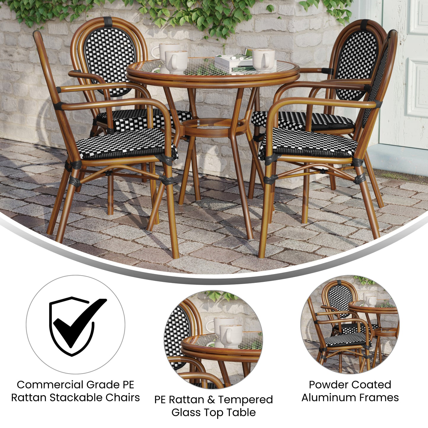 Lourdes Indoor/Outdoor Commercial Bistro 31.5" Table, Black and White PE Rattan, Glass Top with 4 Stack Chairs Black & White Rattan/Natural Frame SDA-AD641012-80-4002A-BKWH-NAT-GG