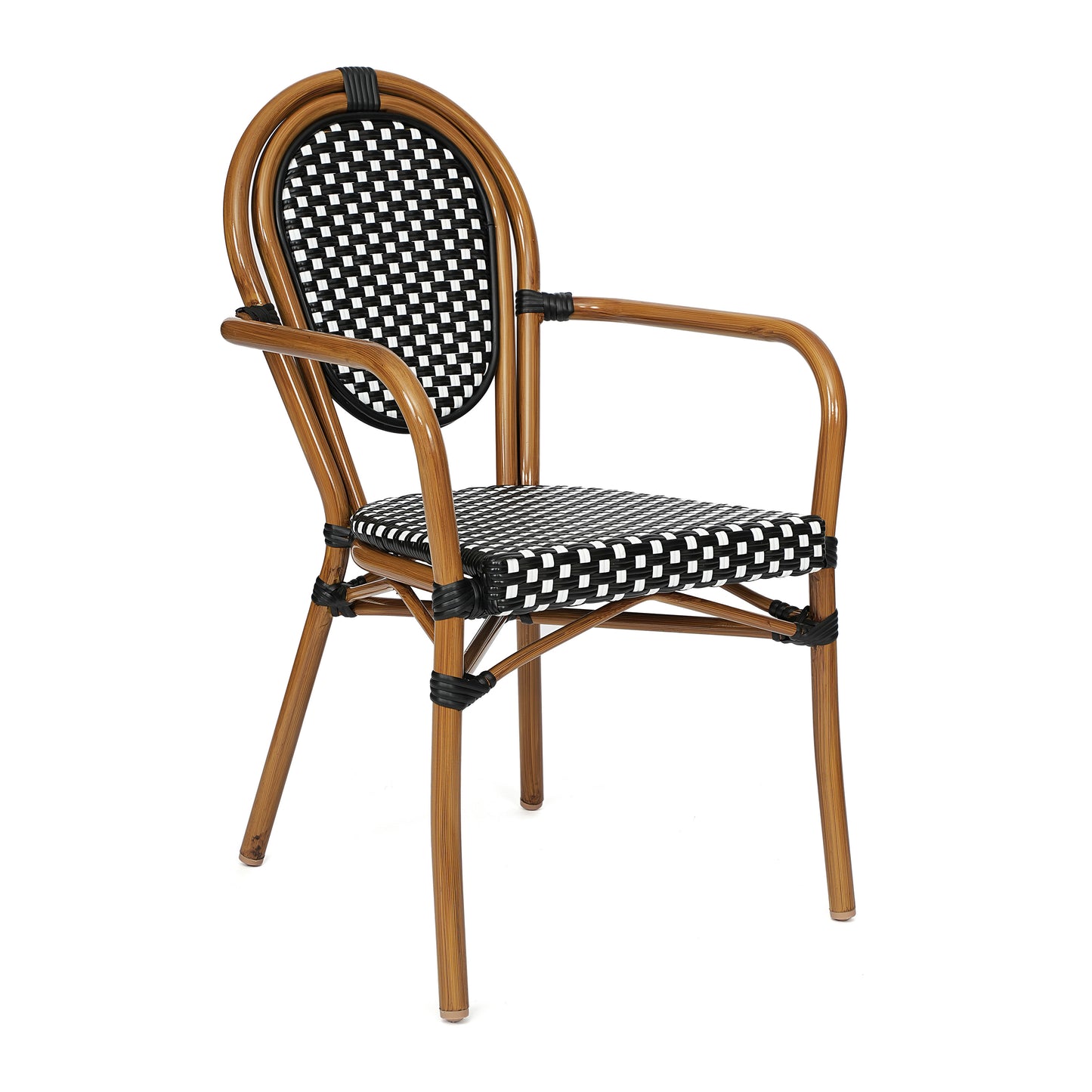 Lourdes Indoor/Outdoor Commercial Bistro 31.5" Table, Black and White PE Rattan, Glass Top with 4 Stack Chairs Black & White Rattan/Natural Frame SDA-AD641012-80-4002A-BKWH-NAT-GG