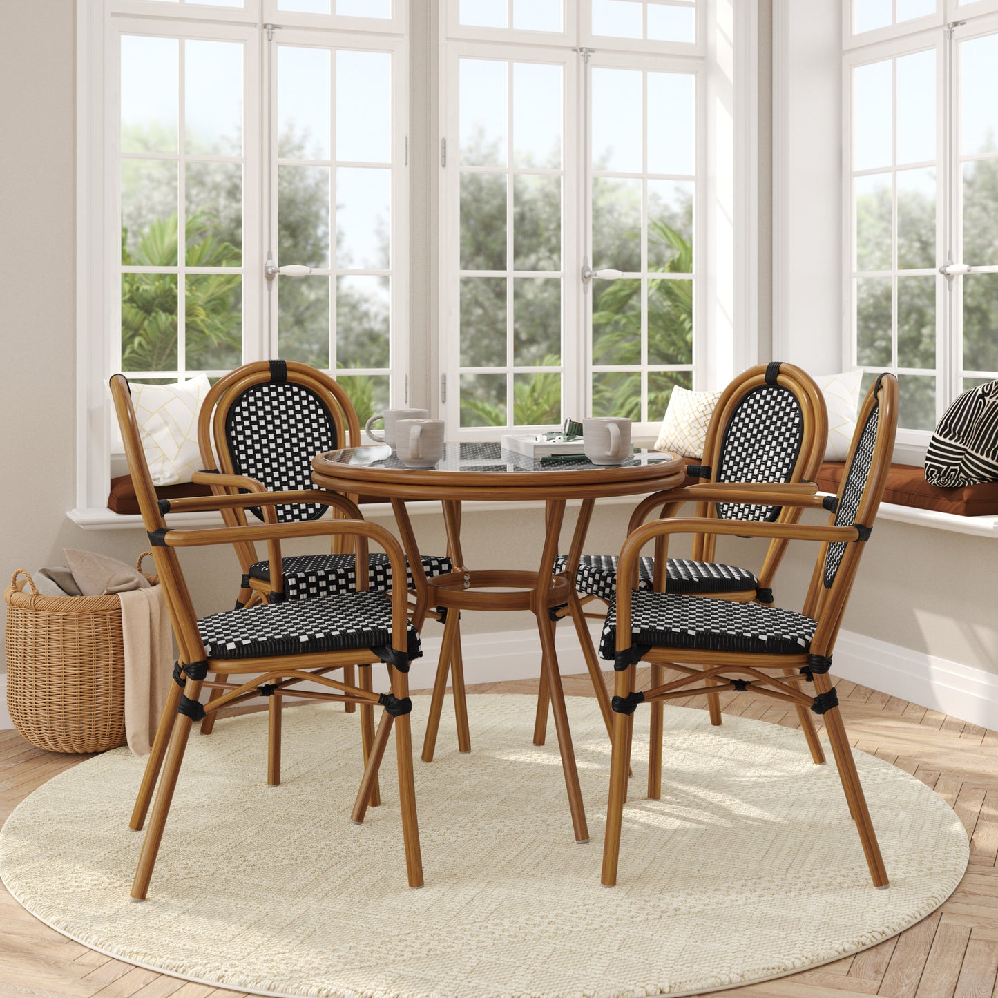 Lourdes Indoor/Outdoor Commercial Bistro 31.5" Table, Black and White PE Rattan, Glass Top with 4 Stack Chairs Black & White Rattan/Natural Frame SDA-AD641012-80-4002A-BKWH-NAT-GG