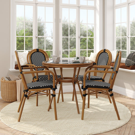 Lourdes Indoor/Outdoor Commercial Bistro 31.5" Table, Black and White PE Rattan, Glass Top with 4 Stack Chairs Black & White Rattan/Natural Frame