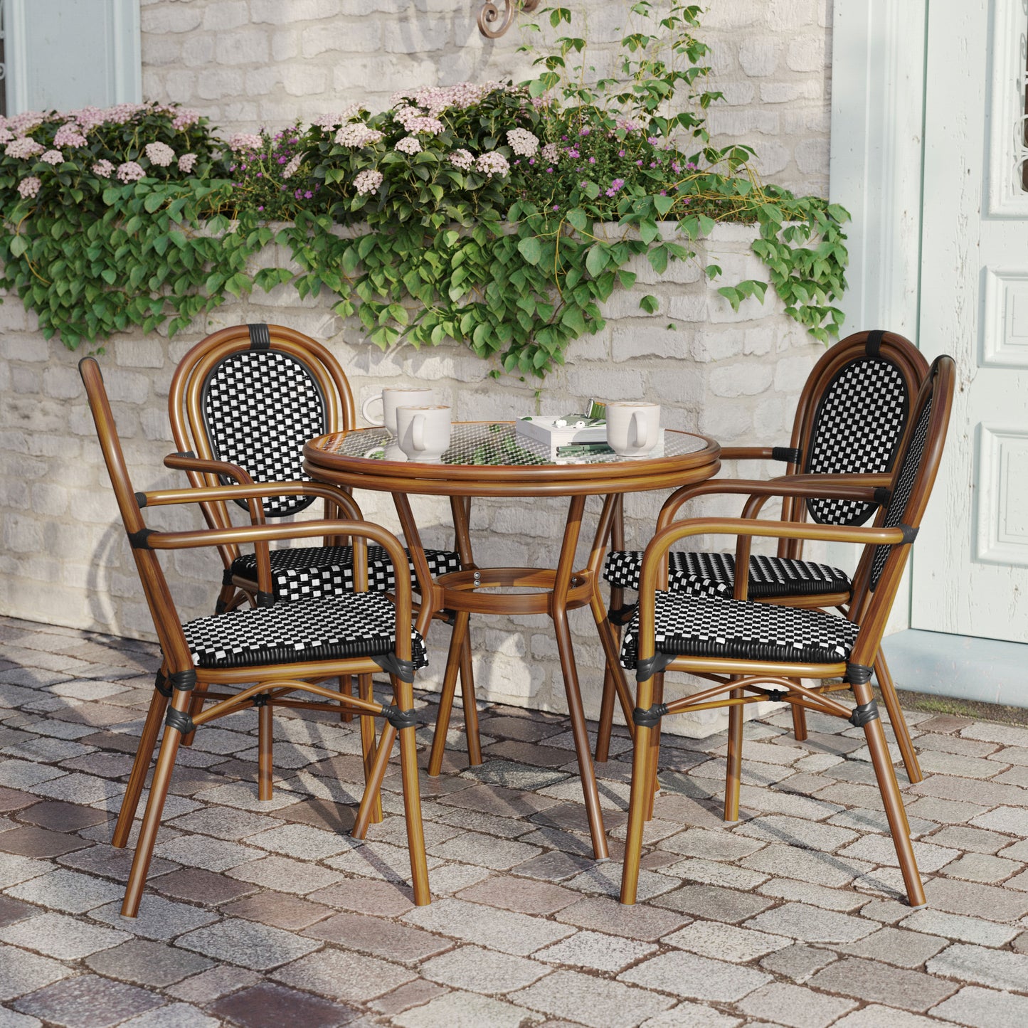 Lourdes Indoor/Outdoor Commercial Bistro 31.5" Table, Black and White PE Rattan, Glass Top with 4 Stack Chairs Black & White Rattan/Natural Frame SDA-AD641012-80-4002A-BKWH-NAT-GG