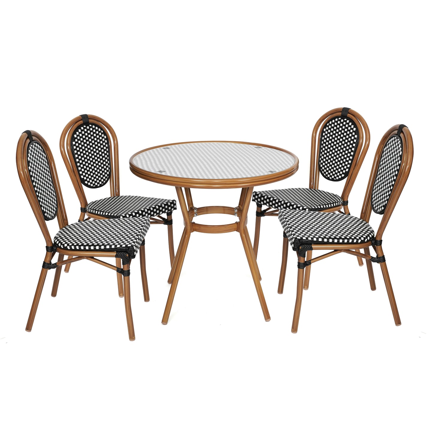 Lourdes Indoor/Outdoor Commercial Bistro 31.5" Table, Black and White PE Rattan, Glass Top with 4 Stack Chairs Black & White Rattan/Natural Frame SDA-AD641012-80-4002S-BKWH-NAT-GG