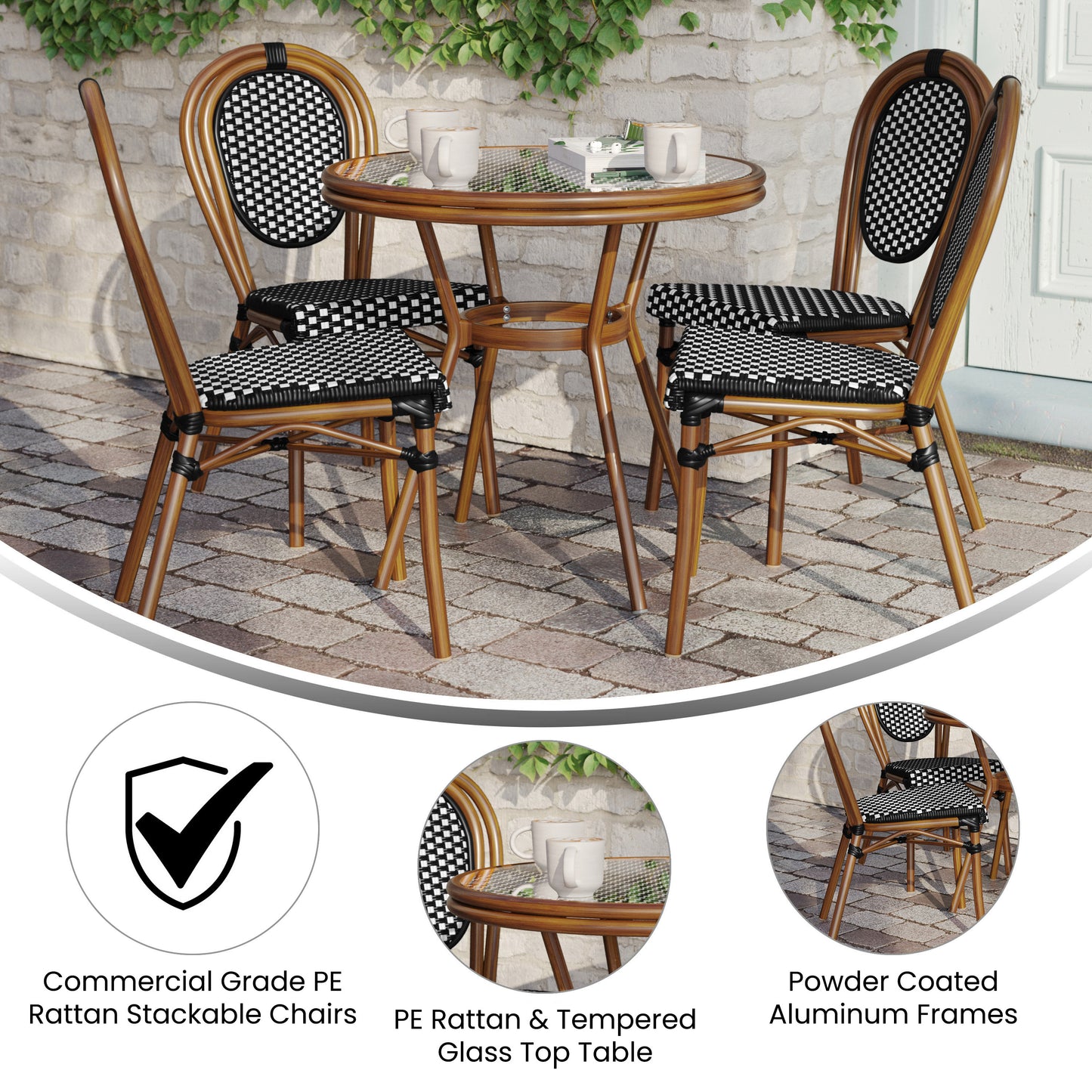 Lourdes Indoor/Outdoor Commercial Bistro 31.5" Table, Black and White PE Rattan, Glass Top with 4 Stack Chairs Black & White Rattan/Natural Frame SDA-AD641012-80-4002S-BKWH-NAT-GG