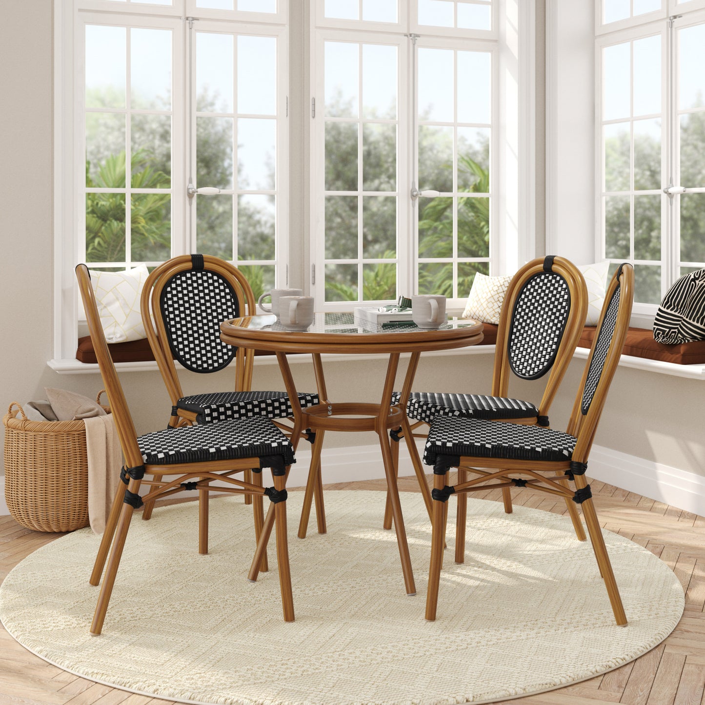 Lourdes Indoor/Outdoor Commercial Bistro 31.5" Table, Black and White PE Rattan, Glass Top with 4 Stack Chairs Black & White Rattan/Natural Frame SDA-AD641012-80-4002S-BKWH-NAT-GG