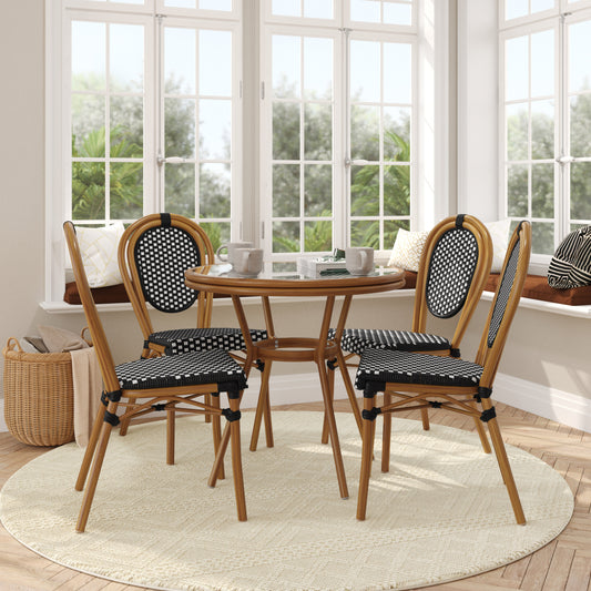 Lourdes Indoor/Outdoor Commercial Bistro 31.5" Table, Black and White PE Rattan, Glass Top with 4 Stack Chairs Black & White Rattan/Natural Frame