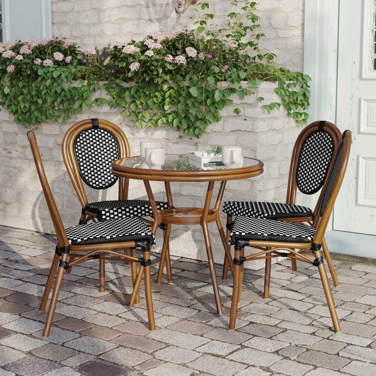 Lourdes Indoor/Outdoor Commercial Bistro 31.5" Table, Black and White PE Rattan, Glass Top with 4 Stack Chairs Black & White Rattan/Natural Frame SDA-AD641012-80-4002S-BKWH-NAT-GG