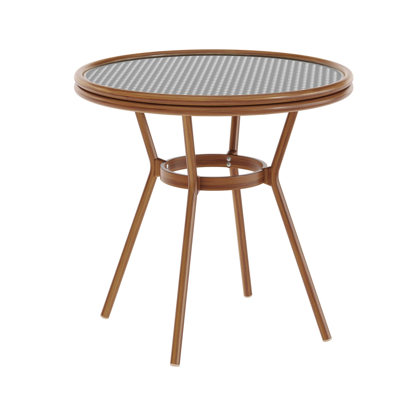 Lourdes Indoor/Outdoor Commercial Bistro 31.5" Table, Black and White PE Rattan, Glass Top, Bamboo Print Aluminum Frame in Natural Black & White Rattan/Natural Frame SDA-AD641012-80-BKWH-NAT-GG