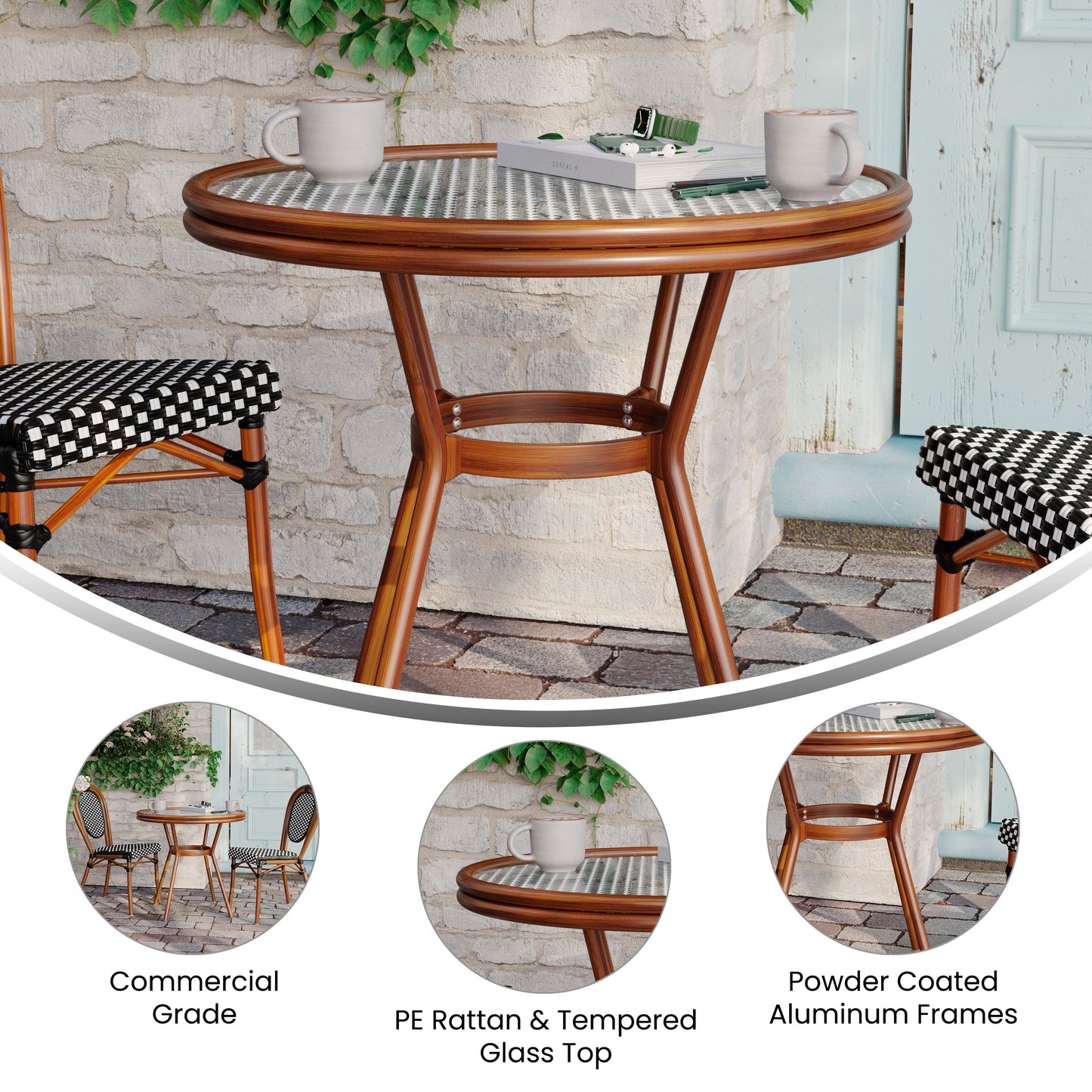 Lourdes Indoor/Outdoor Commercial Bistro 31.5" Table, Black and White PE Rattan, Glass Top, Bamboo Print Aluminum Frame in Natural Black & White Rattan/Natural Frame SDA-AD641012-80-BKWH-NAT-GG