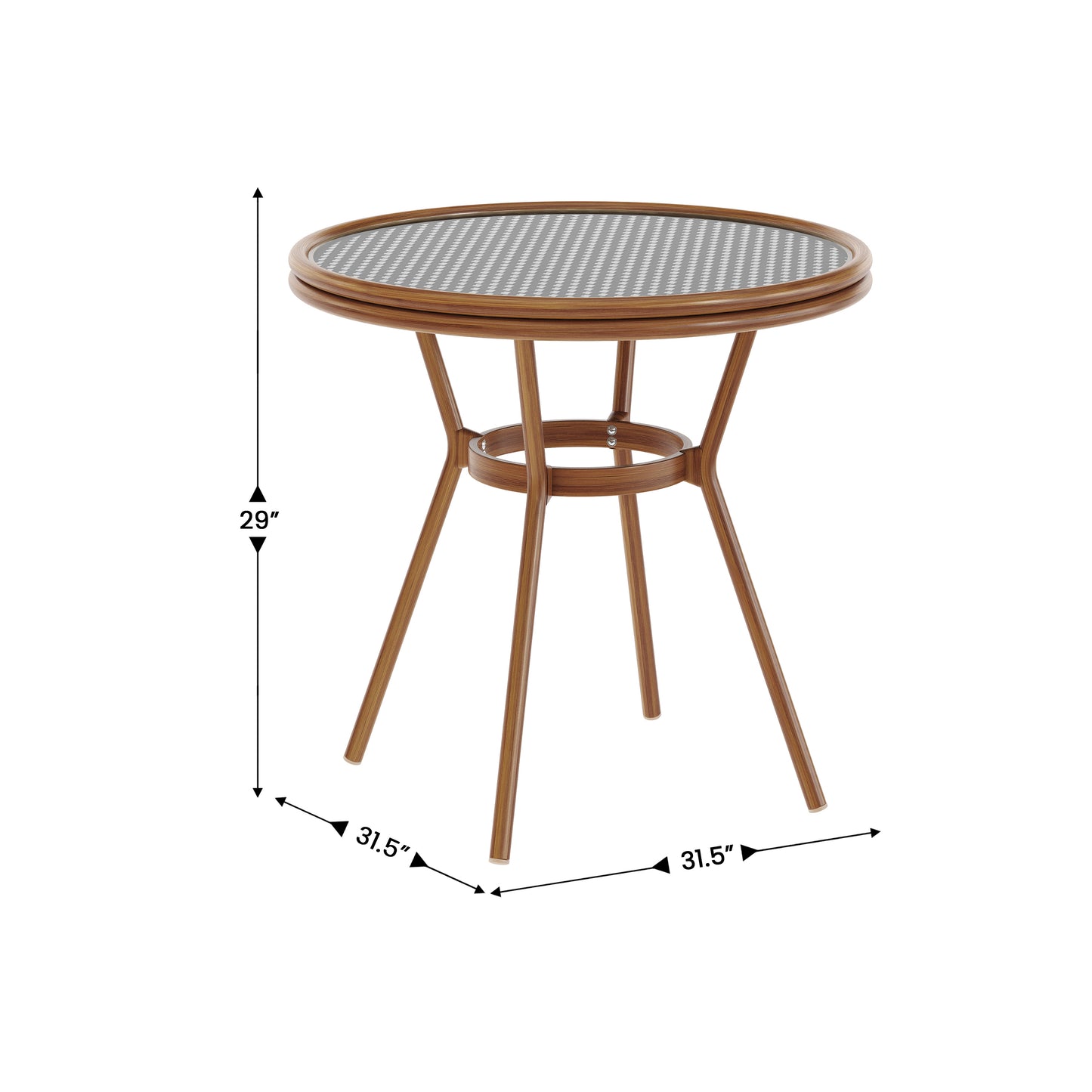 Lourdes Indoor/Outdoor Commercial Bistro 31.5" Table, Black and White PE Rattan, Glass Top, Bamboo Print Aluminum Frame in Natural Black & White Rattan/Natural Frame SDA-AD641012-80-BKWH-NAT-GG