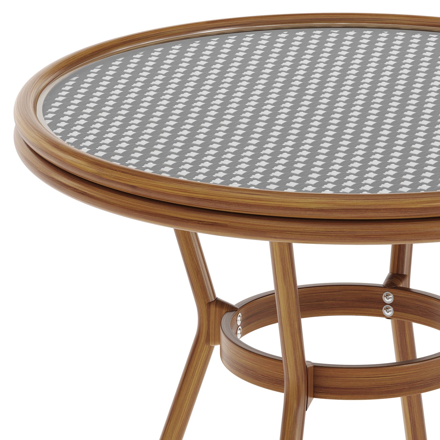 Lourdes Indoor/Outdoor Commercial Bistro 31.5" Table, Black and White PE Rattan, Glass Top, Bamboo Print Aluminum Frame in Natural Black & White Rattan/Natural Frame SDA-AD641012-80-BKWH-NAT-GG