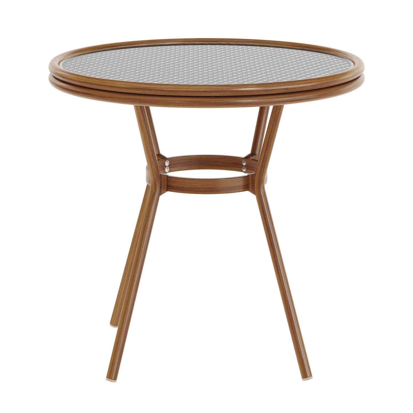 Lourdes Indoor/Outdoor Commercial Bistro 31.5" Table, Black and White PE Rattan, Glass Top, Bamboo Print Aluminum Frame in Natural Black & White Rattan/Natural Frame SDA-AD641012-80-BKWH-NAT-GG