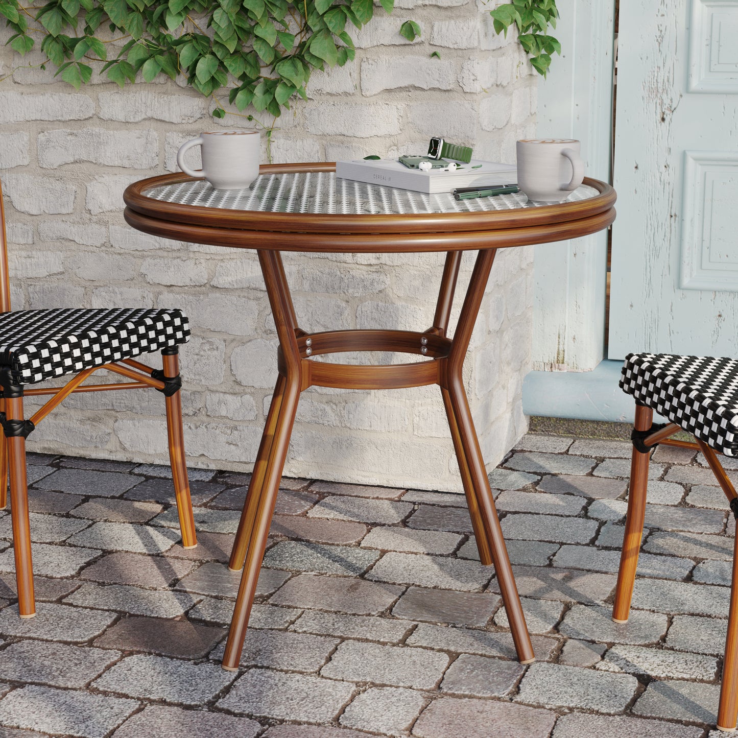 Lourdes Indoor/Outdoor Commercial Bistro 31.5" Table, Black and White PE Rattan, Glass Top, Bamboo Print Aluminum Frame in Natural Black & White Rattan/Natural Frame SDA-AD641012-80-BKWH-NAT-GG