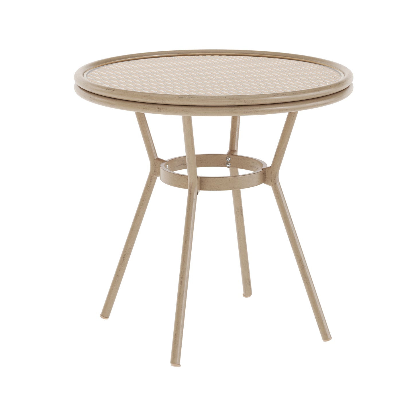 Lourdes Indoor/Outdoor Commercial Bistro 31.5" Table, Natural/White PE Rattan, Glass Top, Bamboo Print Aluminum Frame in Light Natural Natural & White Rattan/Light Natural Frame