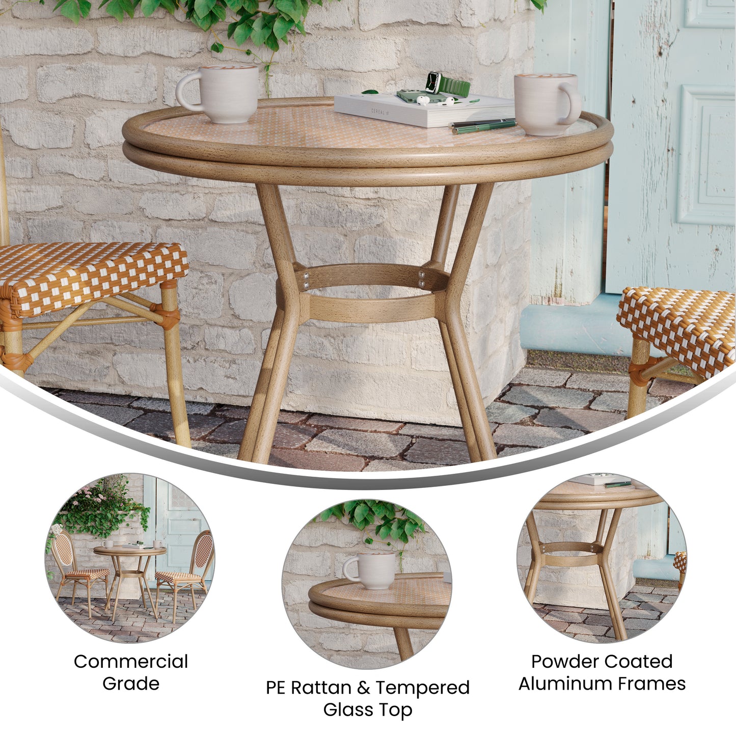 Lourdes Indoor/Outdoor Commercial Bistro 31.5" Table, Natural/White PE Rattan, Glass Top, Bamboo Print Aluminum Frame in Light Natural Natural & White Rattan/Light Natural Frame