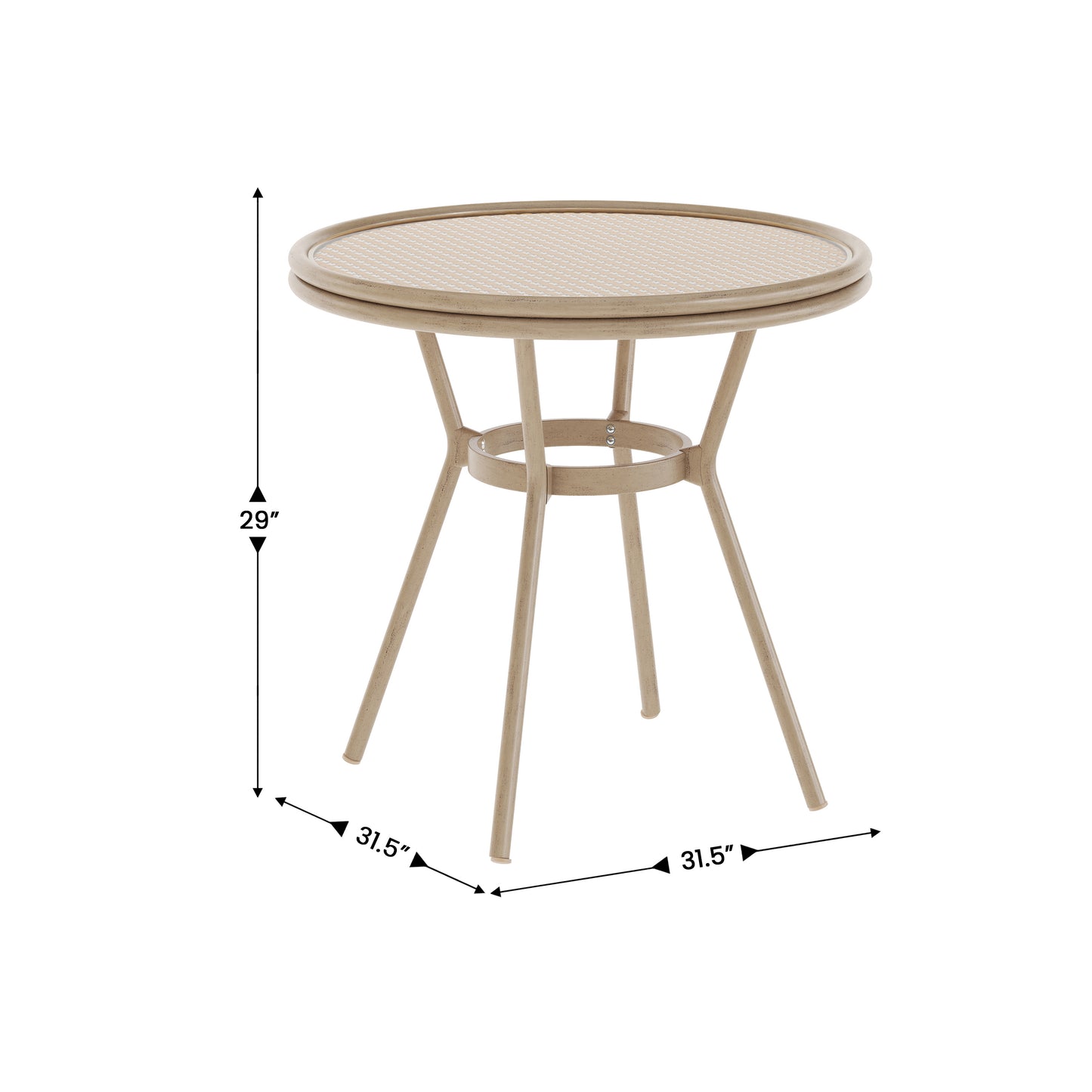Lourdes Indoor/Outdoor Commercial Bistro 31.5" Table, Natural/White PE Rattan, Glass Top, Bamboo Print Aluminum Frame in Light Natural Natural & White Rattan/Light Natural Frame