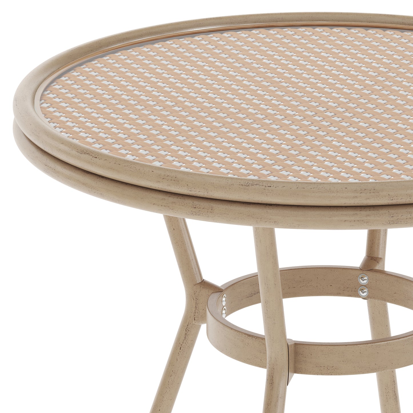Lourdes Indoor/Outdoor Commercial Bistro 31.5" Table, Natural/White PE Rattan, Glass Top, Bamboo Print Aluminum Frame in Light Natural Natural & White Rattan/Light Natural Frame