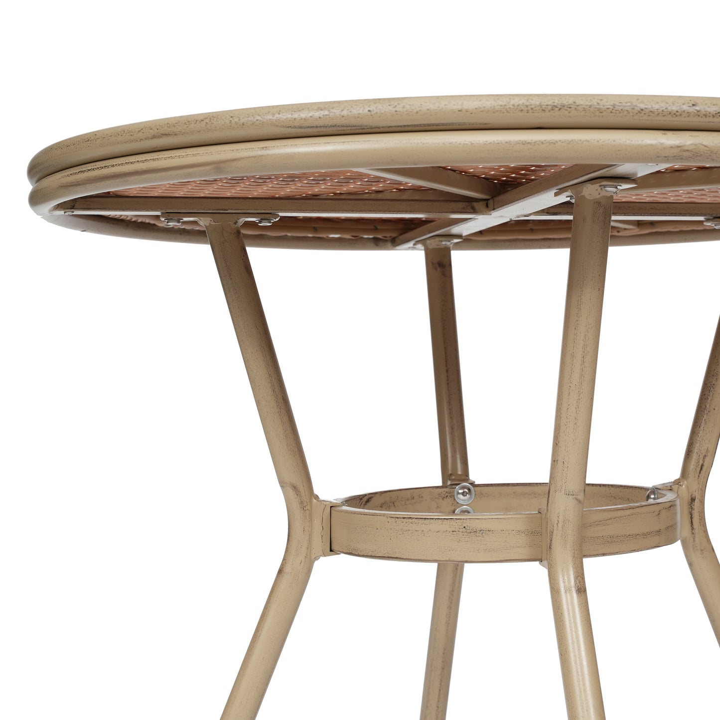 Lourdes Indoor/Outdoor Commercial Bistro 31.5" Table, Natural/White PE Rattan, Glass Top, Bamboo Print Aluminum Frame in Light Natural Natural & White Rattan/Light Natural Frame