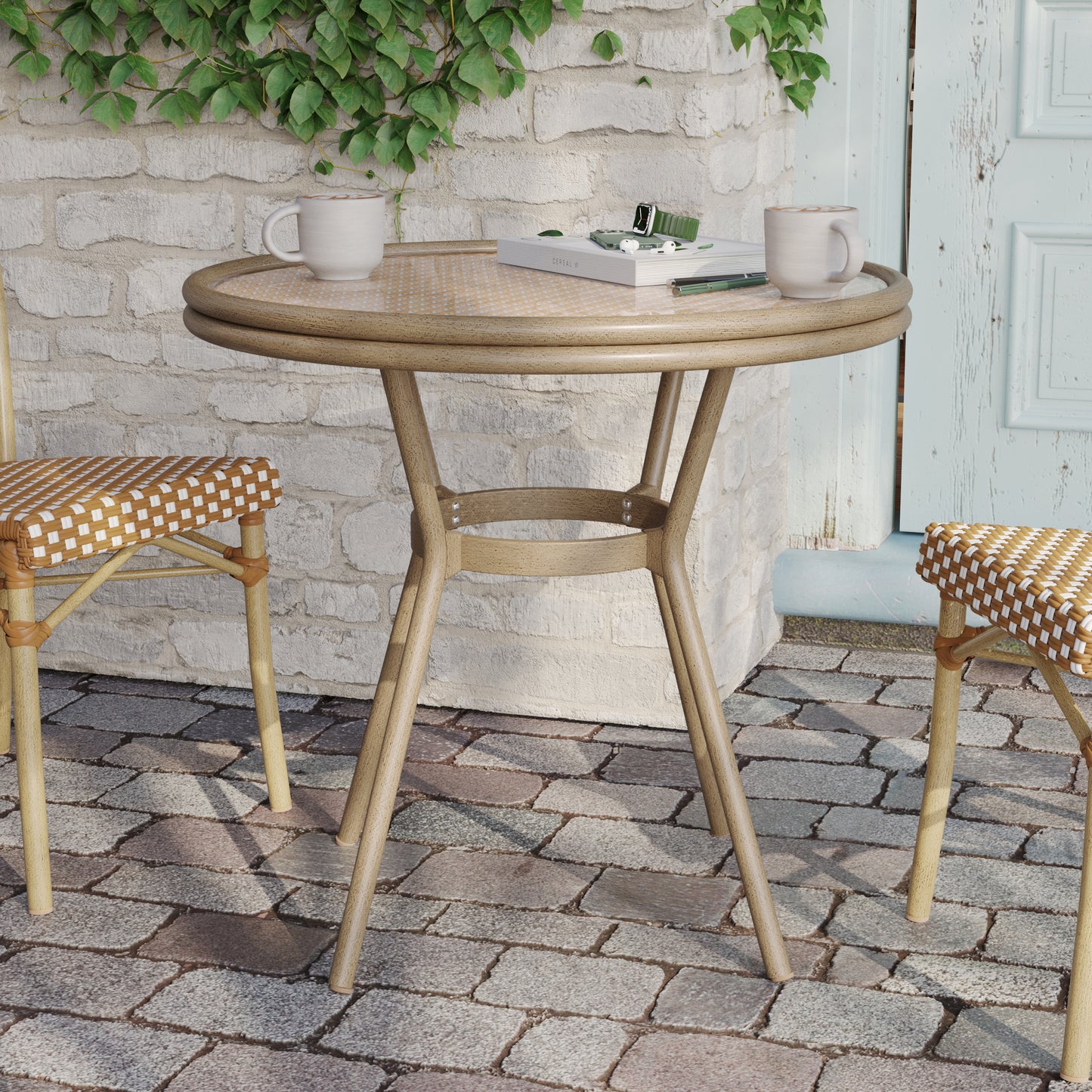Lourdes Indoor/Outdoor Commercial Bistro 31.5" Table, Natural/White PE Rattan, Glass Top, Bamboo Print Aluminum Frame in Light Natural Natural & White Rattan/Light Natural Frame
