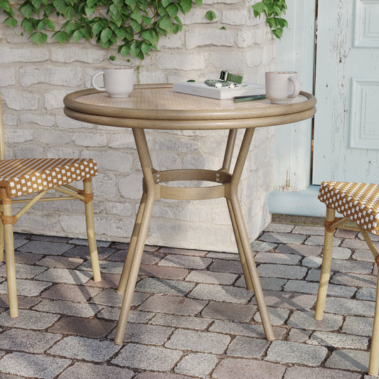 Lourdes Indoor/Outdoor Commercial Bistro 31.5" Table, Natural/White PE Rattan, Glass Top, Bamboo Print Aluminum Frame in Light Natural Natural & White Rattan/Light Natural Frame