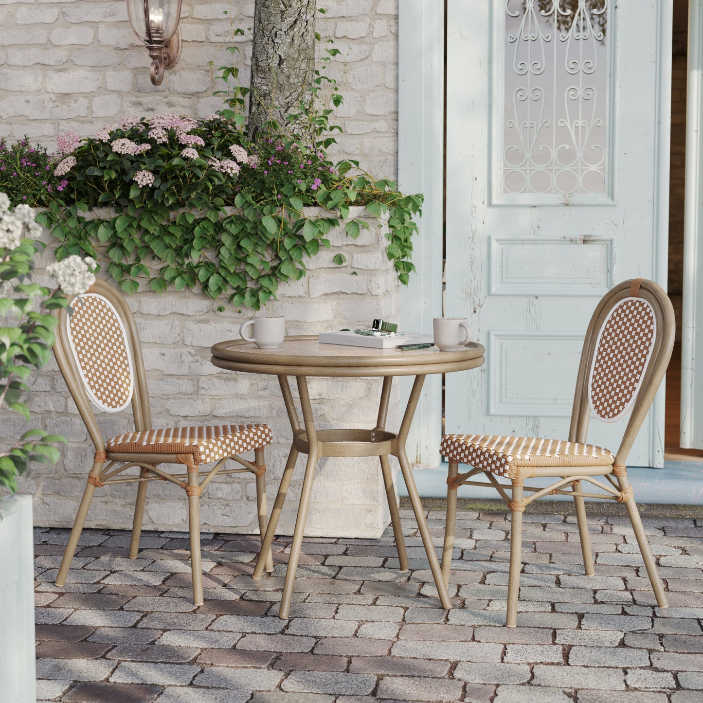 Lourdes Indoor/Outdoor Commercial Bistro 31.5" Table, Natural/White PE Rattan, Glass Top, Bamboo Print Aluminum Frame in Light Natural Natural & White Rattan/Light Natural Frame