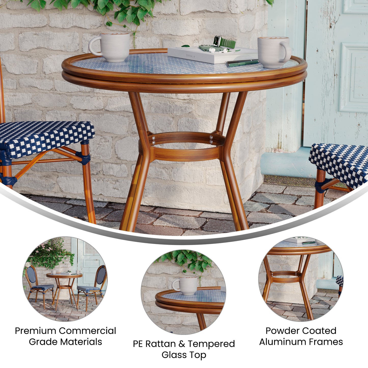 Lourdes Indoor/Outdoor Commercial Bistro 31.5" Table, Navy and White PE Rattan, Glass Top, Bamboo Print Aluminum Frame in Natural Navy & White Rattan/Natural Frame