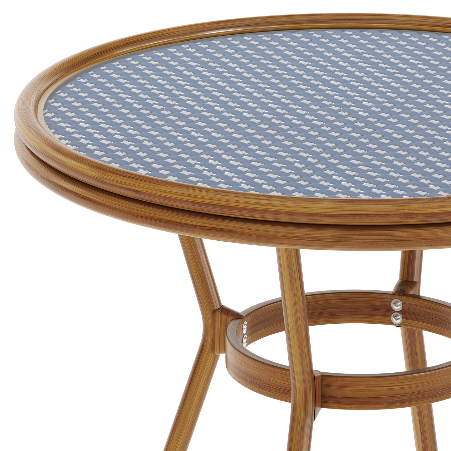 Lourdes Indoor/Outdoor Commercial Bistro 31.5" Table, Navy and White PE Rattan, Glass Top, Bamboo Print Aluminum Frame in Natural Navy & White Rattan/Natural Frame