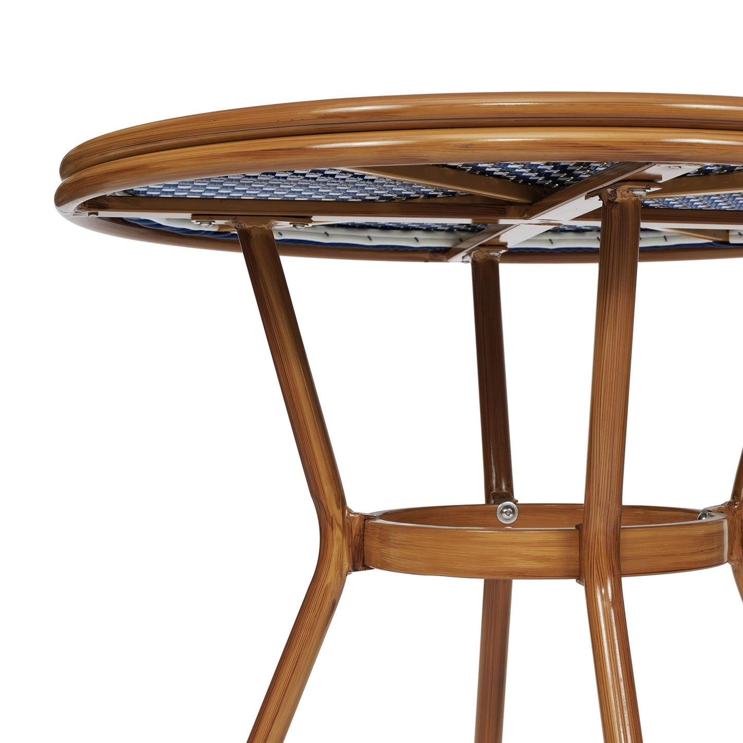 Lourdes Indoor/Outdoor Commercial Bistro 31.5" Table, Navy and White PE Rattan, Glass Top, Bamboo Print Aluminum Frame in Natural Navy & White Rattan/Natural Frame