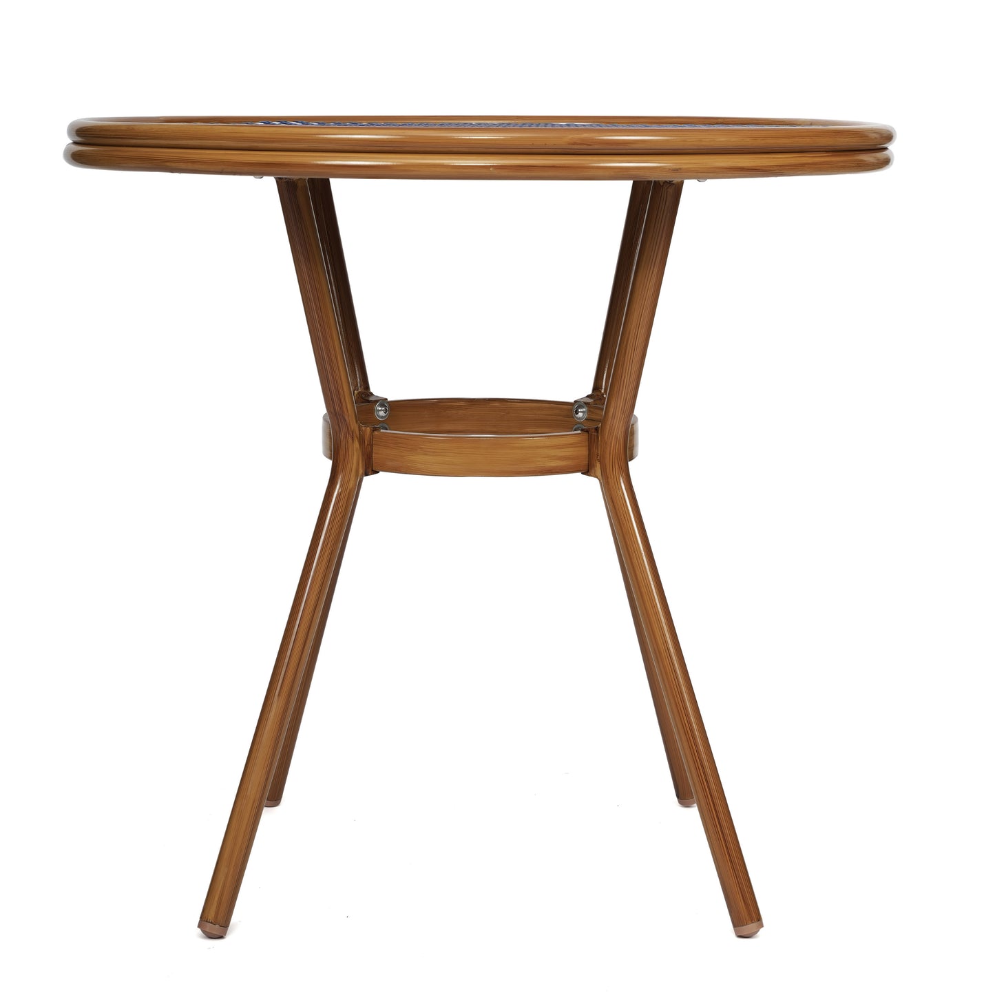Lourdes Indoor/Outdoor Commercial Bistro 31.5" Table, Navy and White PE Rattan, Glass Top, Bamboo Print Aluminum Frame in Natural Navy & White Rattan/Natural Frame