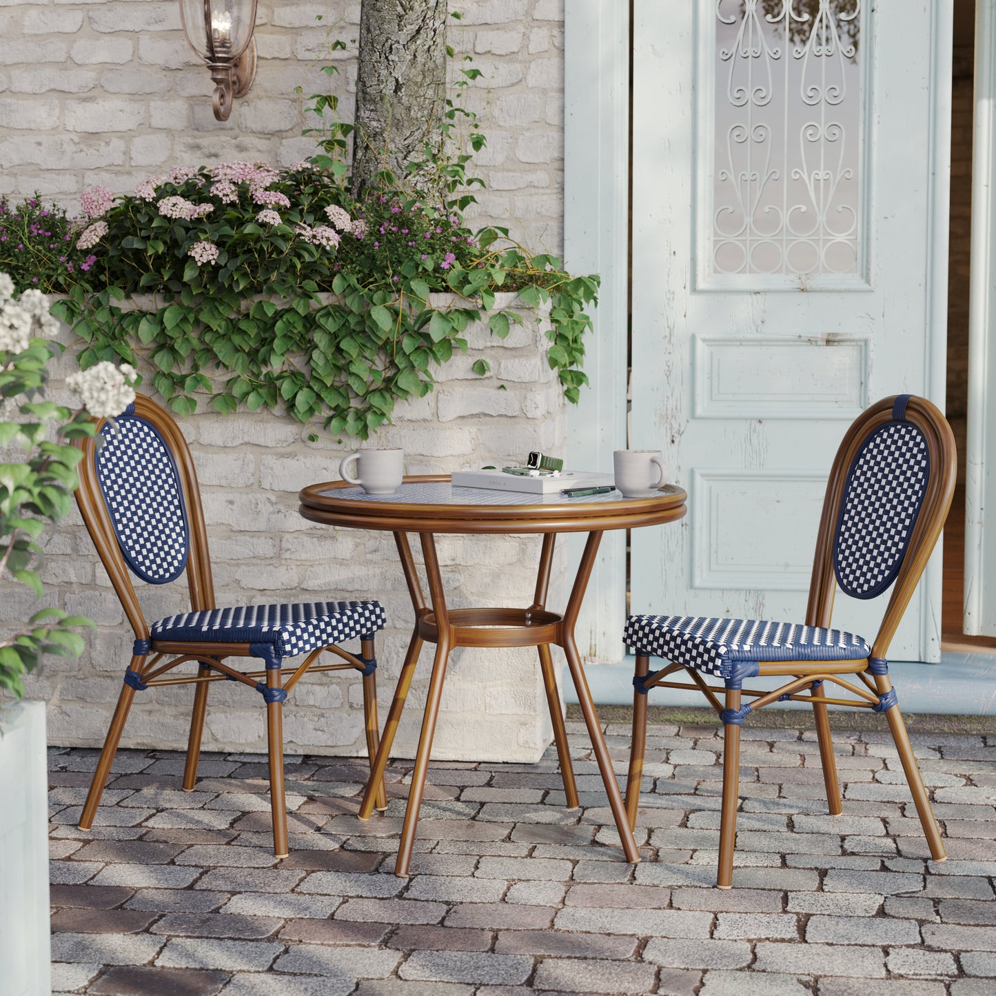 Lourdes Indoor/Outdoor Commercial Bistro 31.5" Table, Navy and White PE Rattan, Glass Top, Bamboo Print Aluminum Frame in Natural Navy & White Rattan/Natural Frame