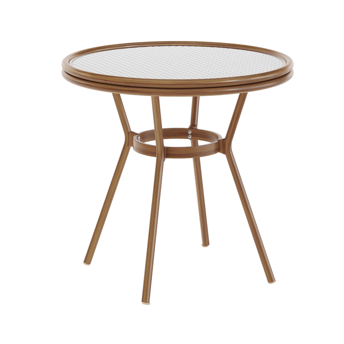 Lourdes Indoor/Outdoor Commercial Bistro 31.5" Table, White and Gray PE Rattan, Glass Top, Bamboo Print Aluminum Frame in Natural White & Gray Rattan/Natural Frame
