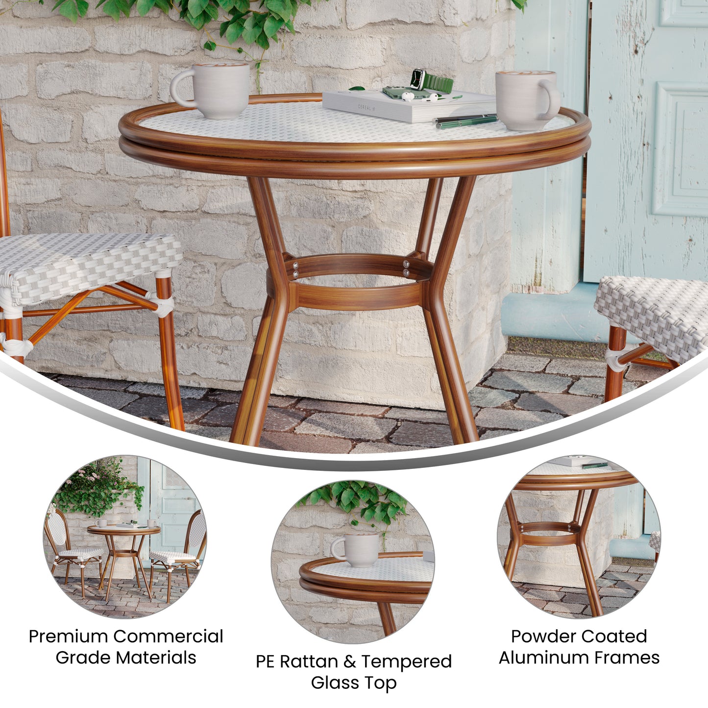 Lourdes Indoor/Outdoor Commercial Bistro 31.5" Table, White and Gray PE Rattan, Glass Top, Bamboo Print Aluminum Frame in Natural White & Gray Rattan/Natural Frame