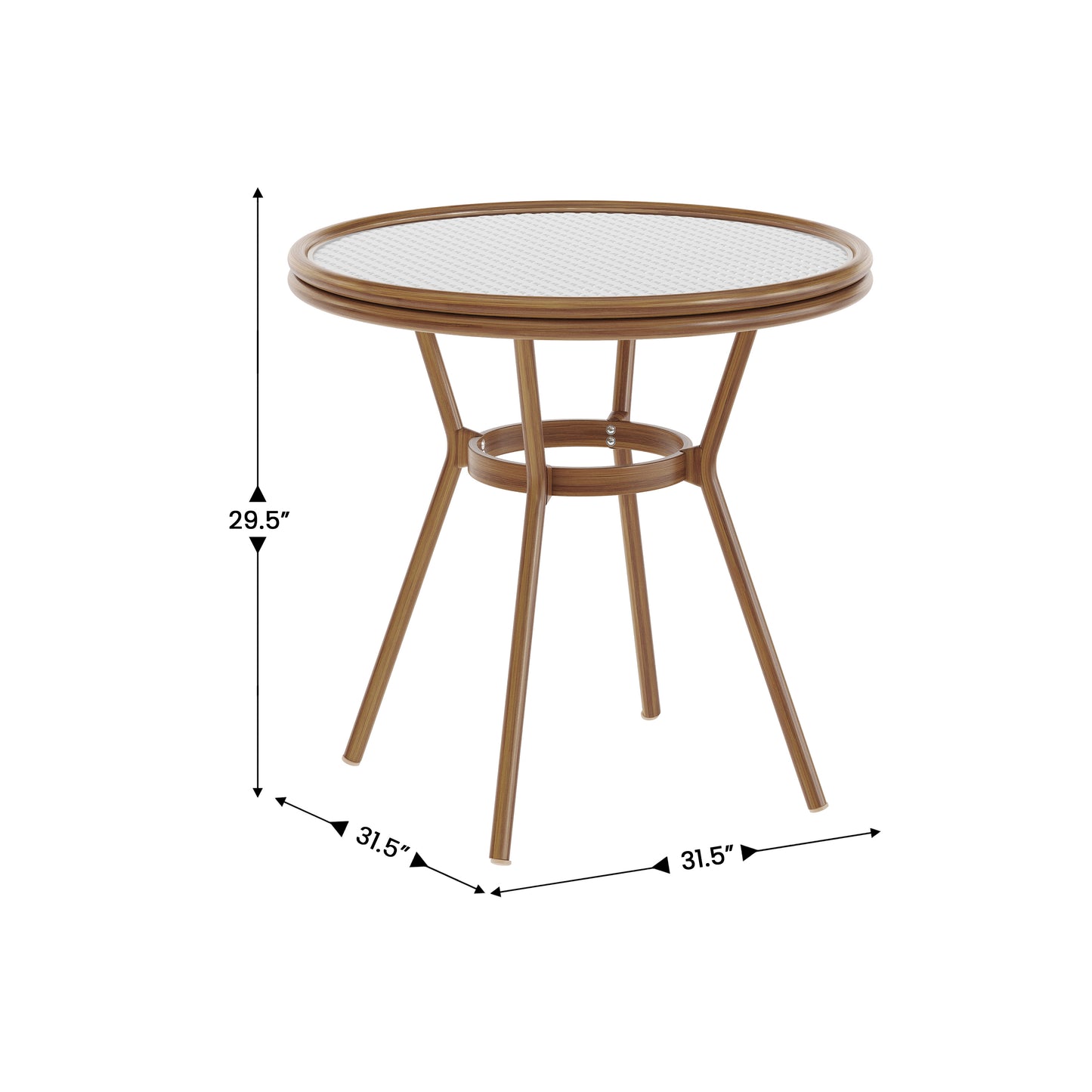 Lourdes Indoor/Outdoor Commercial Bistro 31.5" Table, White and Gray PE Rattan, Glass Top, Bamboo Print Aluminum Frame in Natural White & Gray Rattan/Natural Frame