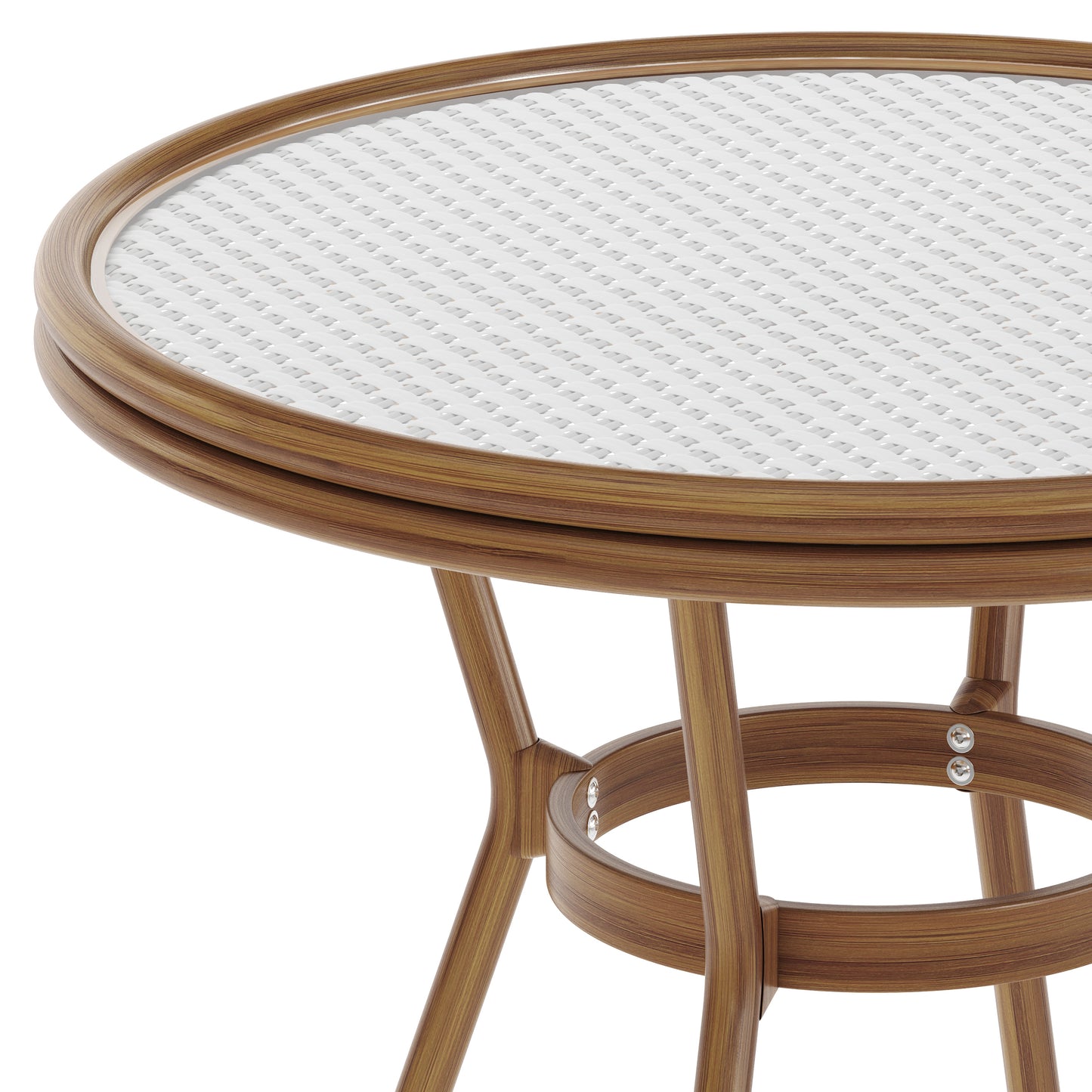 Lourdes Indoor/Outdoor Commercial Bistro 31.5" Table, White and Gray PE Rattan, Glass Top, Bamboo Print Aluminum Frame in Natural White & Gray Rattan/Natural Frame