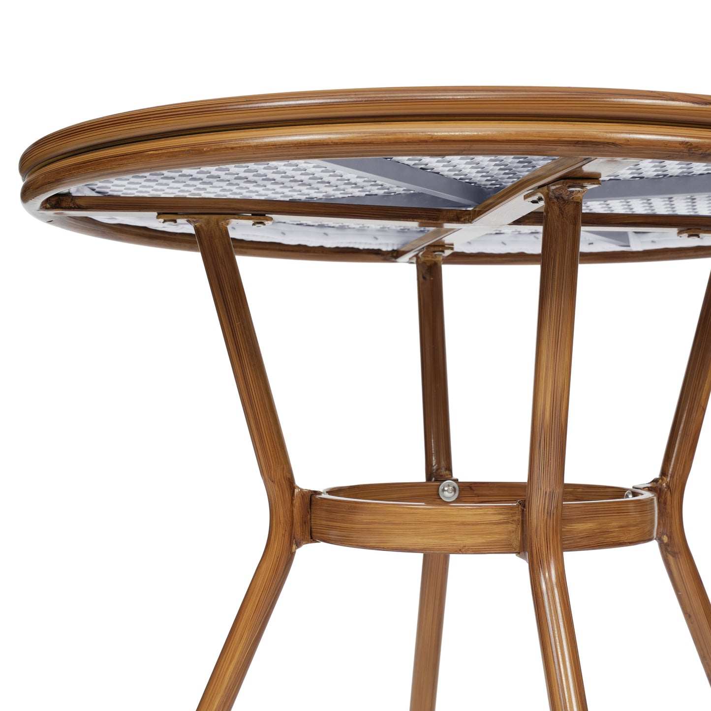 Lourdes Indoor/Outdoor Commercial Bistro 31.5" Table, White and Gray PE Rattan, Glass Top, Bamboo Print Aluminum Frame in Natural White & Gray Rattan/Natural Frame