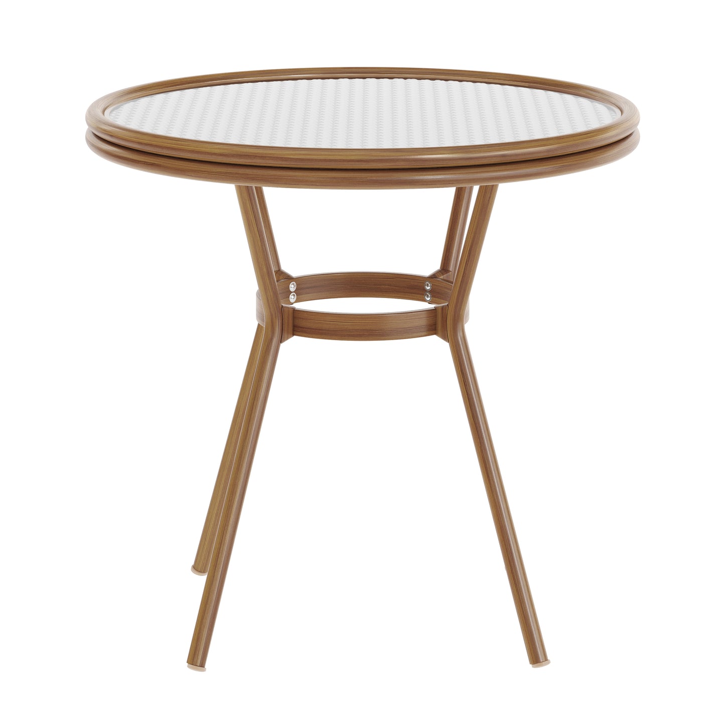 Lourdes Indoor/Outdoor Commercial Bistro 31.5" Table, White and Gray PE Rattan, Glass Top, Bamboo Print Aluminum Frame in Natural White & Gray Rattan/Natural Frame