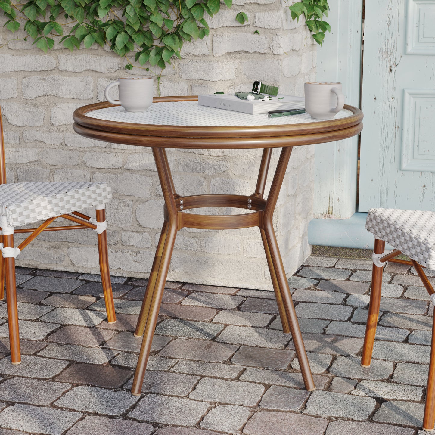 Lourdes Indoor/Outdoor Commercial Bistro 31.5" Table, White and Gray PE Rattan, Glass Top, Bamboo Print Aluminum Frame in Natural White & Gray Rattan/Natural Frame