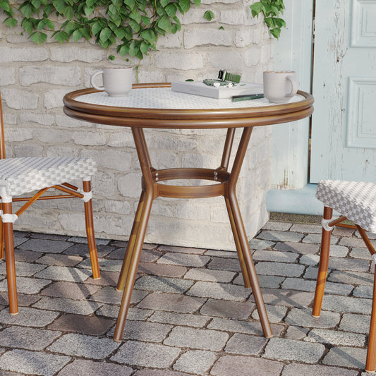 Lourdes Indoor/Outdoor Commercial Bistro 31.5" Table, White and Gray PE Rattan, Glass Top, Bamboo Print Aluminum Frame in Natural White & Gray Rattan/Natural Frame