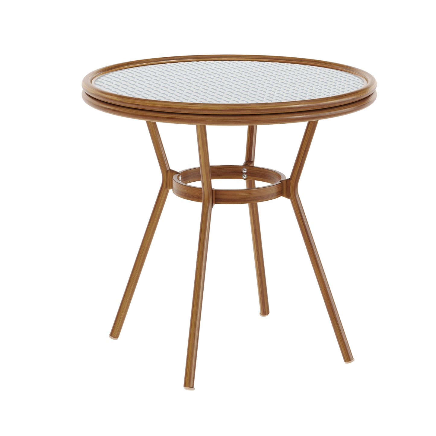 Lourdes Indoor/Outdoor Commercial Bistro 31.5" Table, White and Navy PE Rattan, Glass Top, Bamboo Print Aluminum Frame in Natural White & Navy Rattan/Natural Frame