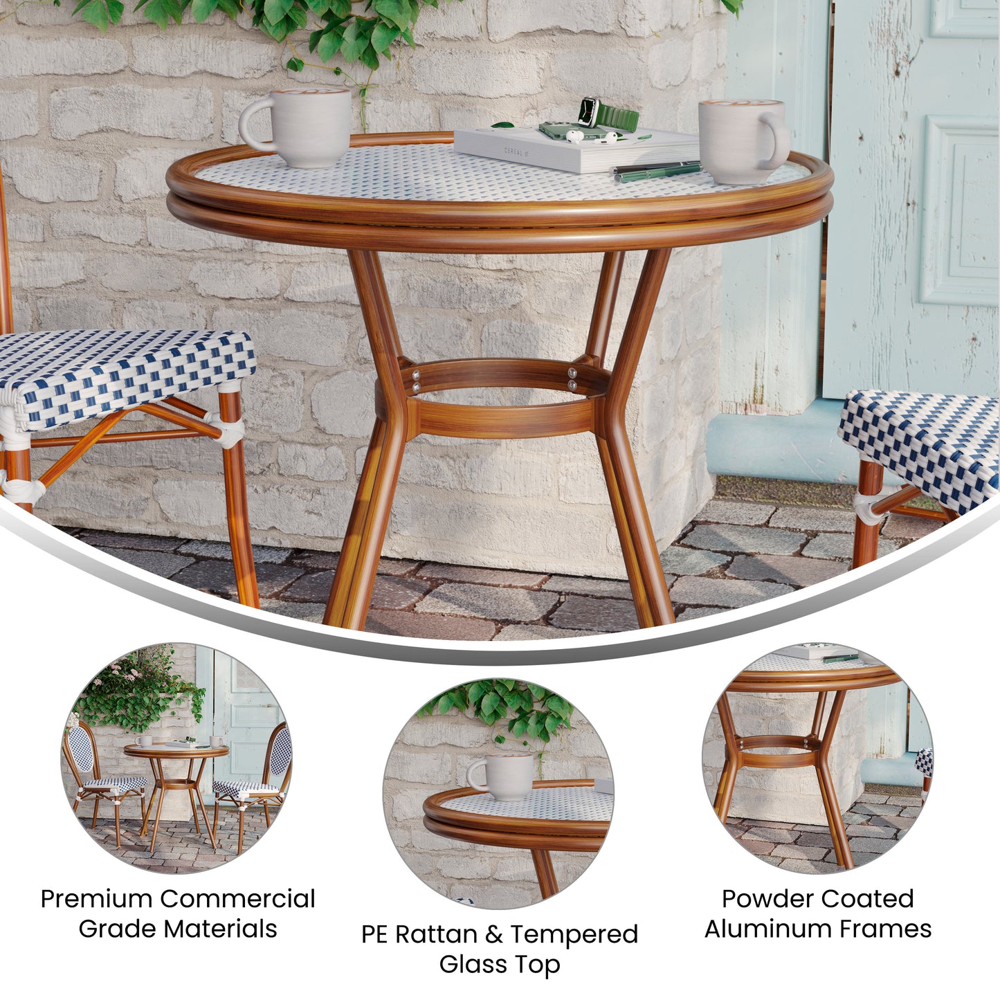Lourdes Indoor/Outdoor Commercial Bistro 31.5" Table, White and Navy PE Rattan, Glass Top, Bamboo Print Aluminum Frame in Natural White & Navy Rattan/Natural Frame