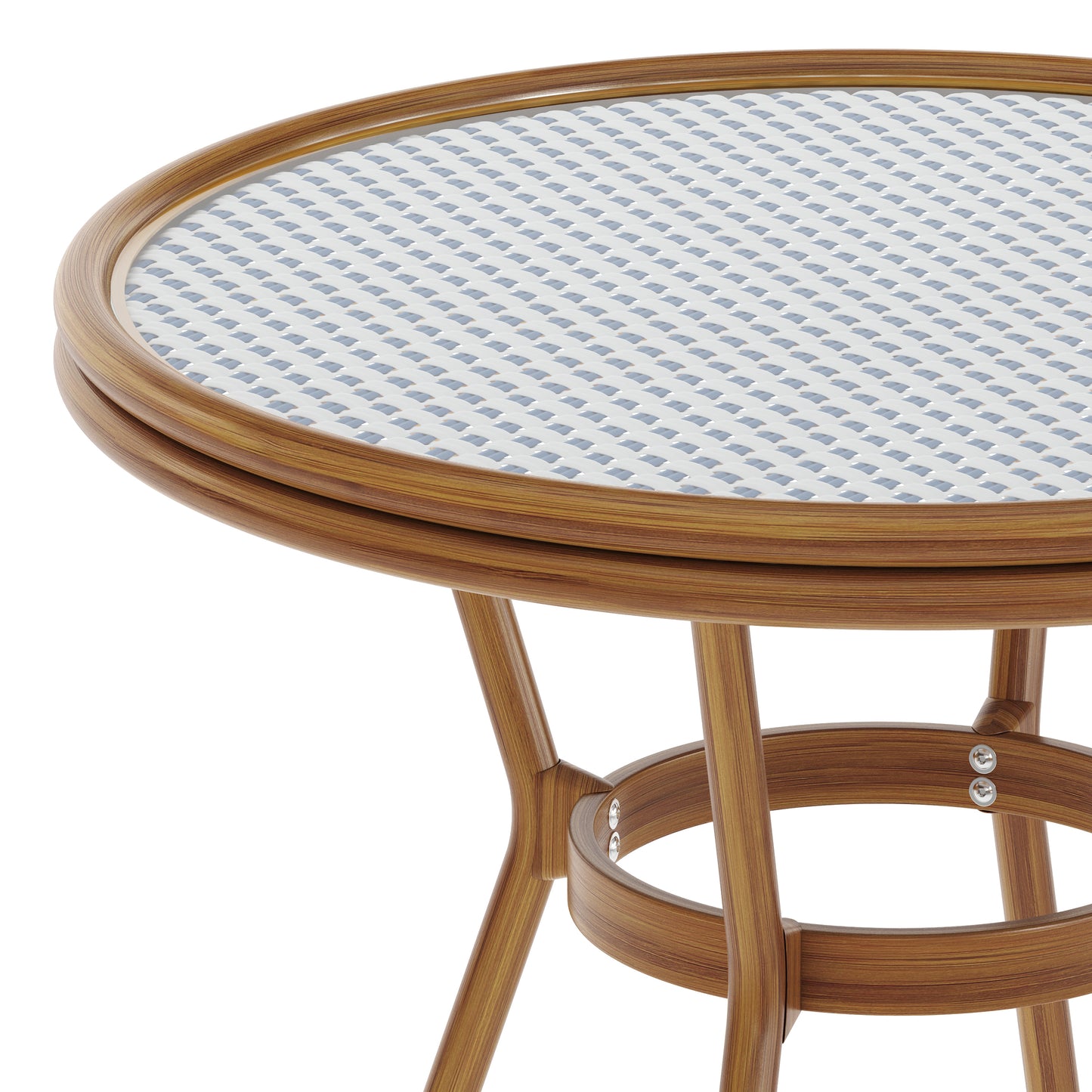 Lourdes Indoor/Outdoor Commercial Bistro 31.5" Table, White and Navy PE Rattan, Glass Top, Bamboo Print Aluminum Frame in Natural White & Navy Rattan/Natural Frame