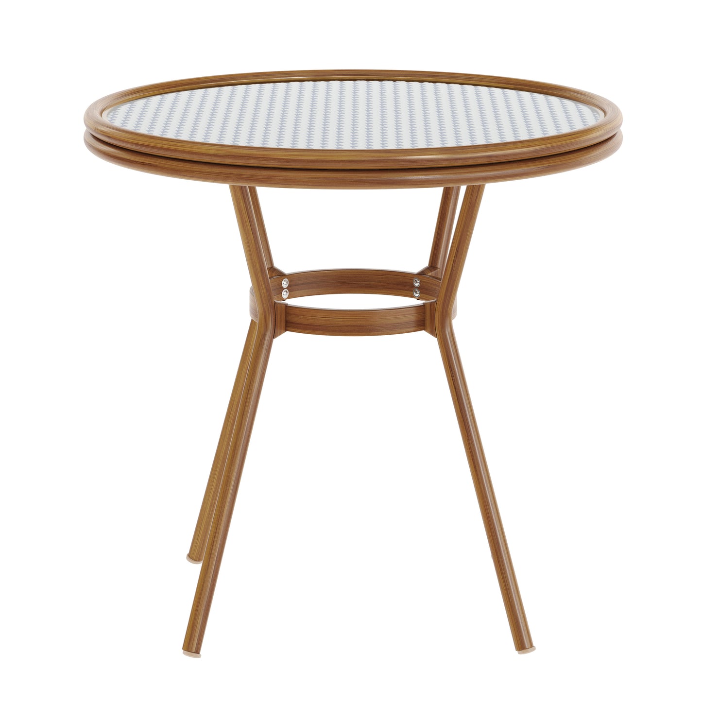 Lourdes Indoor/Outdoor Commercial Bistro 31.5" Table, White and Navy PE Rattan, Glass Top, Bamboo Print Aluminum Frame in Natural White & Navy Rattan/Natural Frame