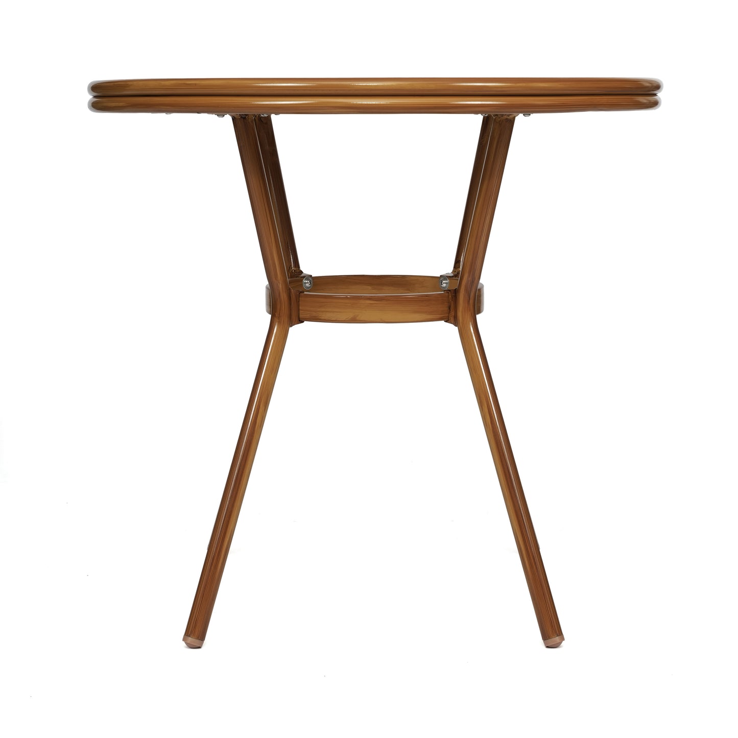 Lourdes Indoor/Outdoor Commercial Bistro 31.5" Table, White and Navy PE Rattan, Glass Top, Bamboo Print Aluminum Frame in Natural White & Navy Rattan/Natural Frame