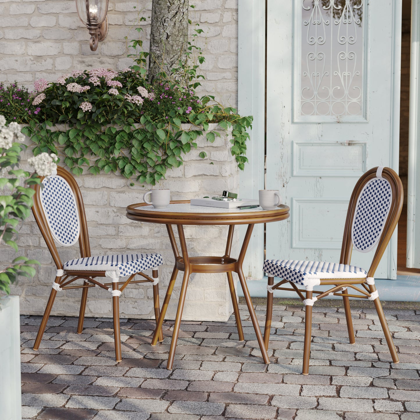 Lourdes Indoor/Outdoor Commercial Bistro 31.5" Table, White and Navy PE Rattan, Glass Top, Bamboo Print Aluminum Frame in Natural White & Navy Rattan/Natural Frame