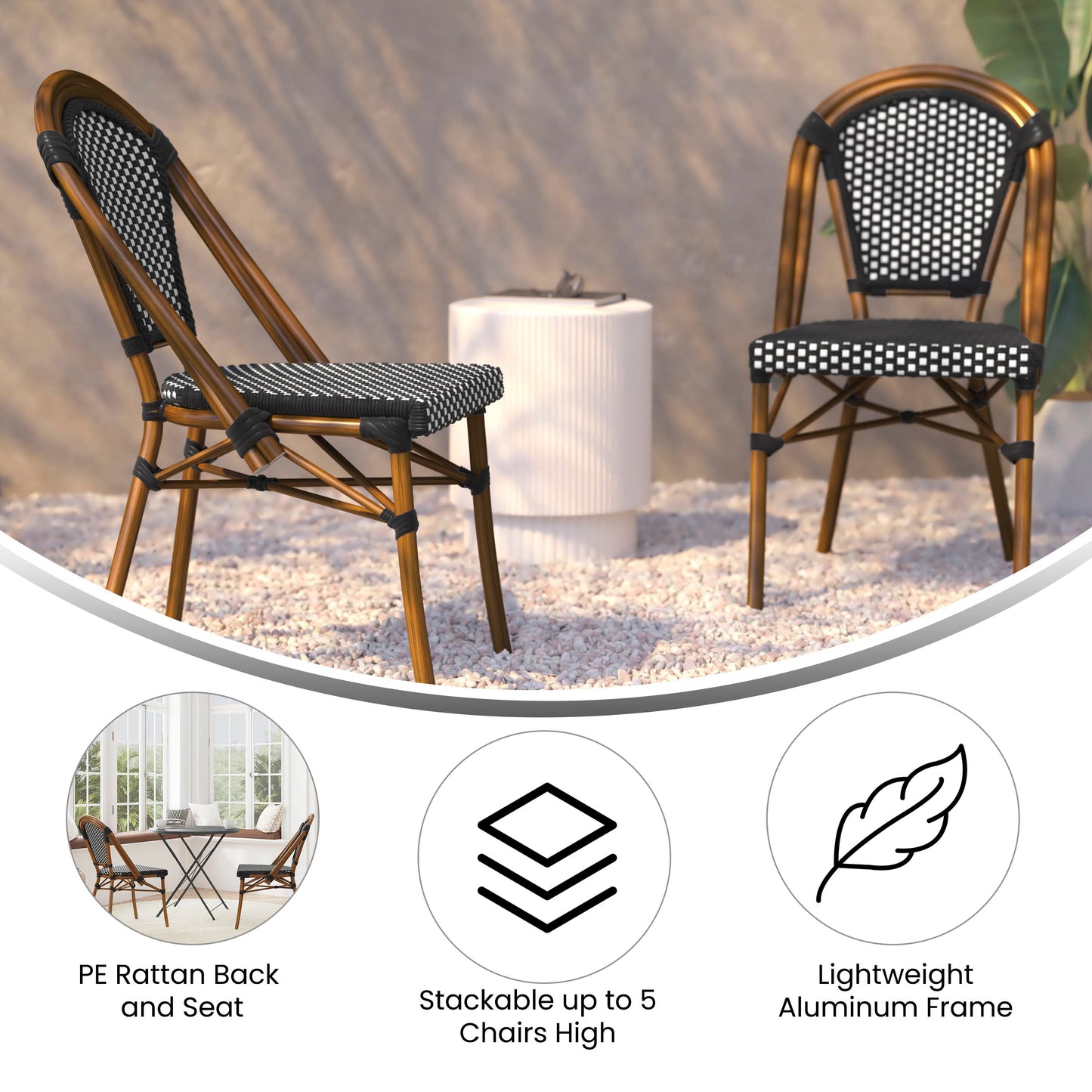 Bordeaux Indoor/Outdoor Commercial Bistro Stacking Chair, Black and White PE Rattan Back and Seat, Bamboo Print Aluminum Frame in Natural Black & White/Natural Frame
