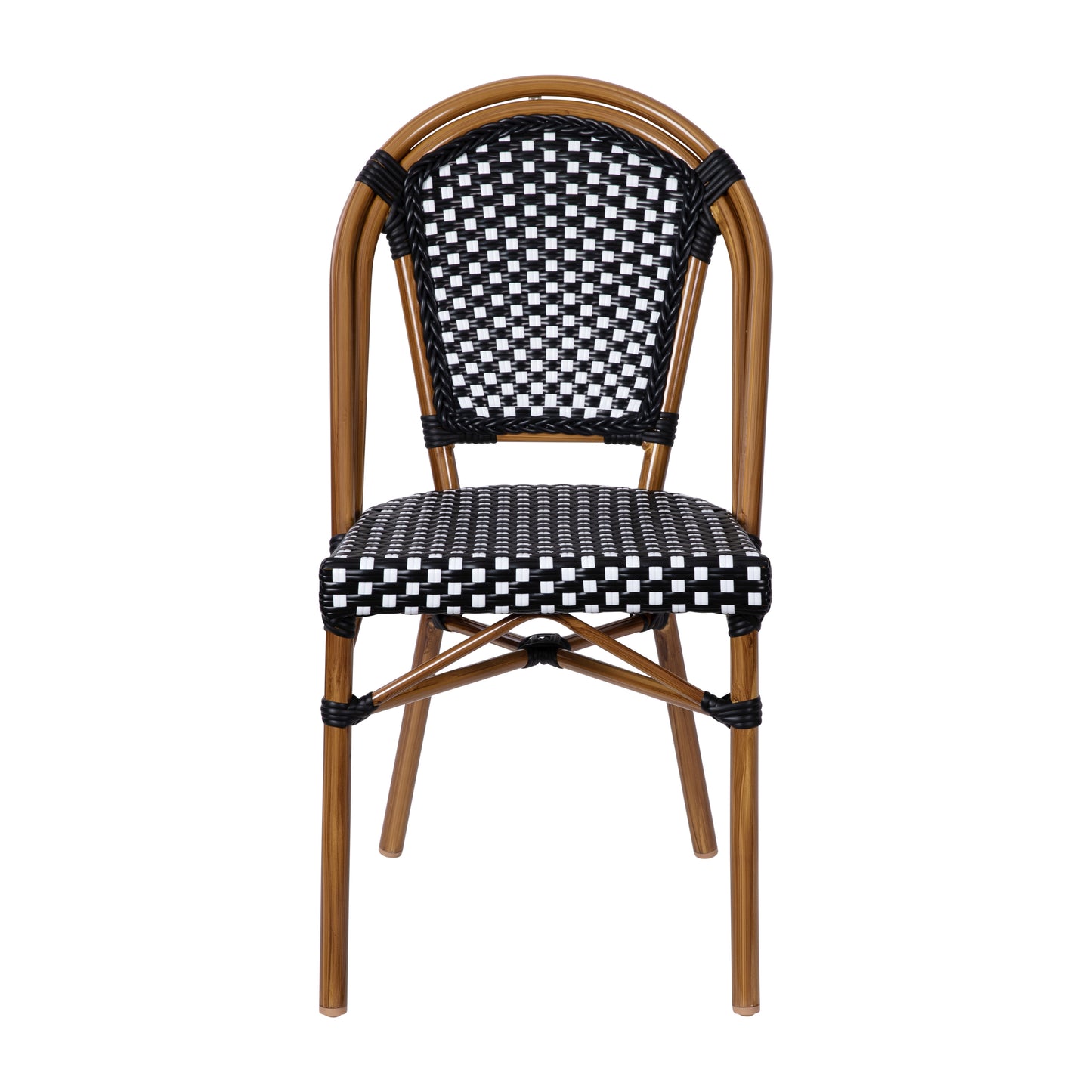Bordeaux Indoor/Outdoor Commercial Bistro Stacking Chair, Black and White PE Rattan Back and Seat, Bamboo Print Aluminum Frame in Natural Black & White/Natural Frame