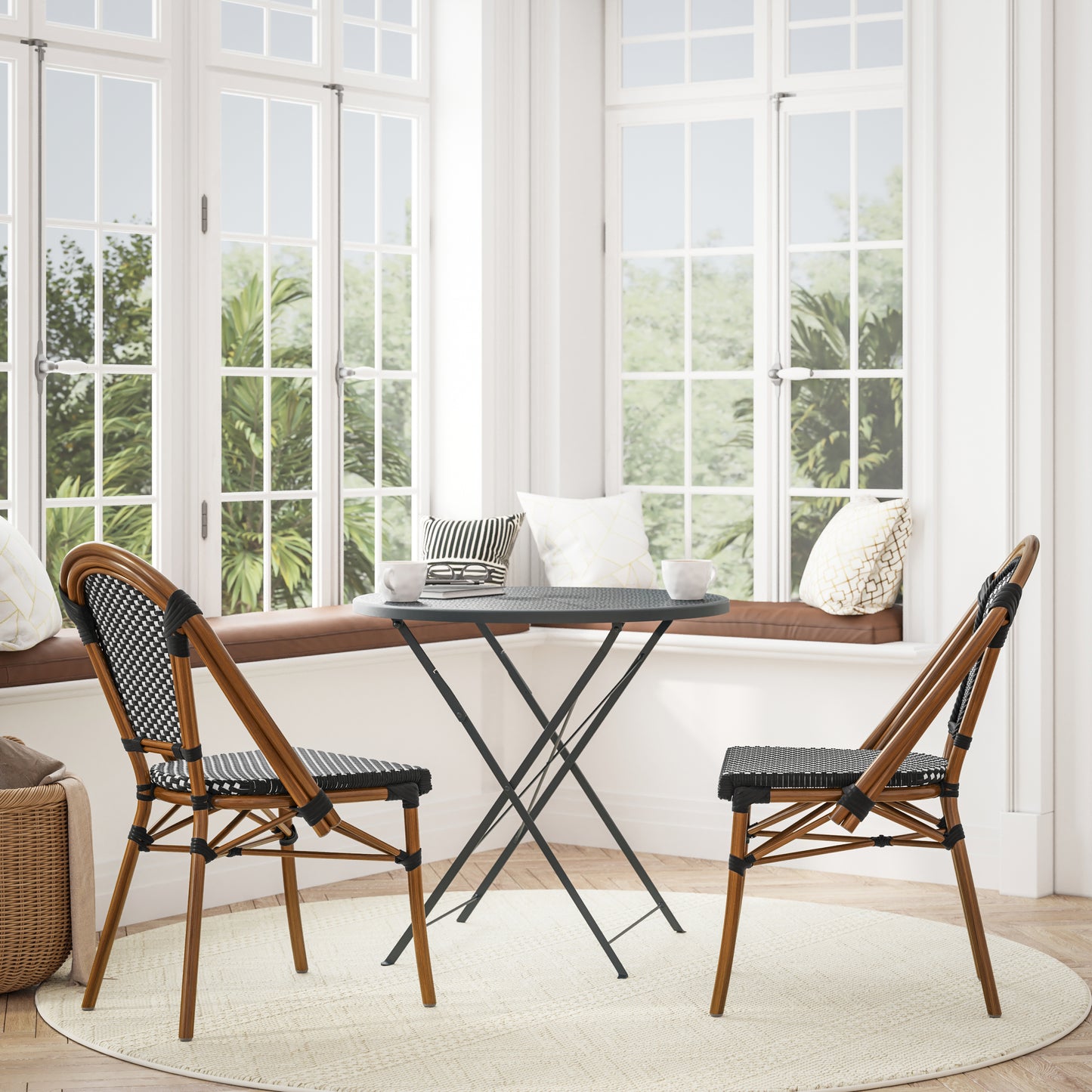 Bordeaux Indoor/Outdoor Commercial Bistro Stacking Chair, Black and White PE Rattan Back and Seat, Bamboo Print Aluminum Frame in Natural Black & White/Natural Frame