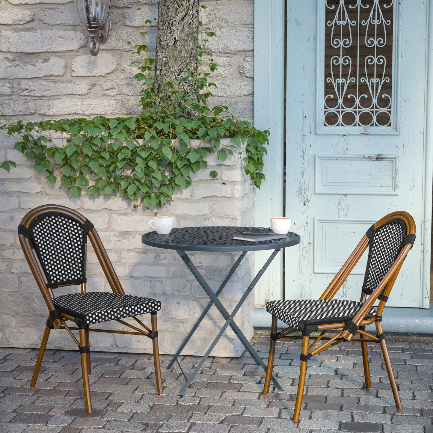 Bordeaux Indoor/Outdoor Commercial Bistro Stacking Chair, Black and White PE Rattan Back and Seat, Bamboo Print Aluminum Frame in Natural Black & White/Natural Frame