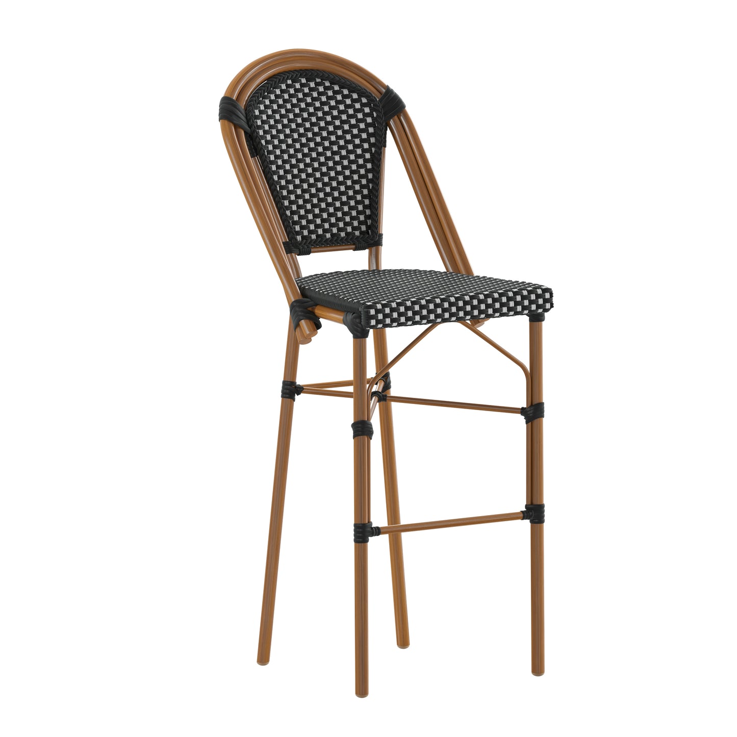 Bordeaux Stackable Indoor/Outdoor Bistro 30" High Barstool, Commercial Grade, Black/White and Bamboo Finish Black & White/Natural Frame