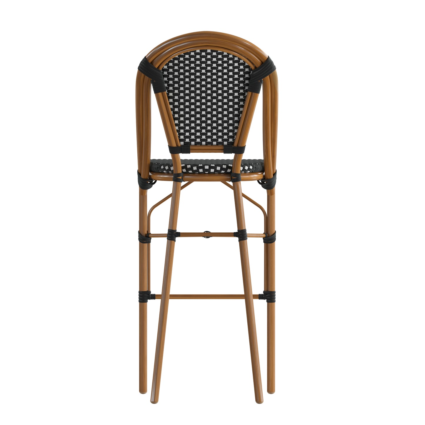Bordeaux Stackable Indoor/Outdoor Bistro 30" High Barstool, Commercial Grade, Black/White and Bamboo Finish Black & White/Natural Frame