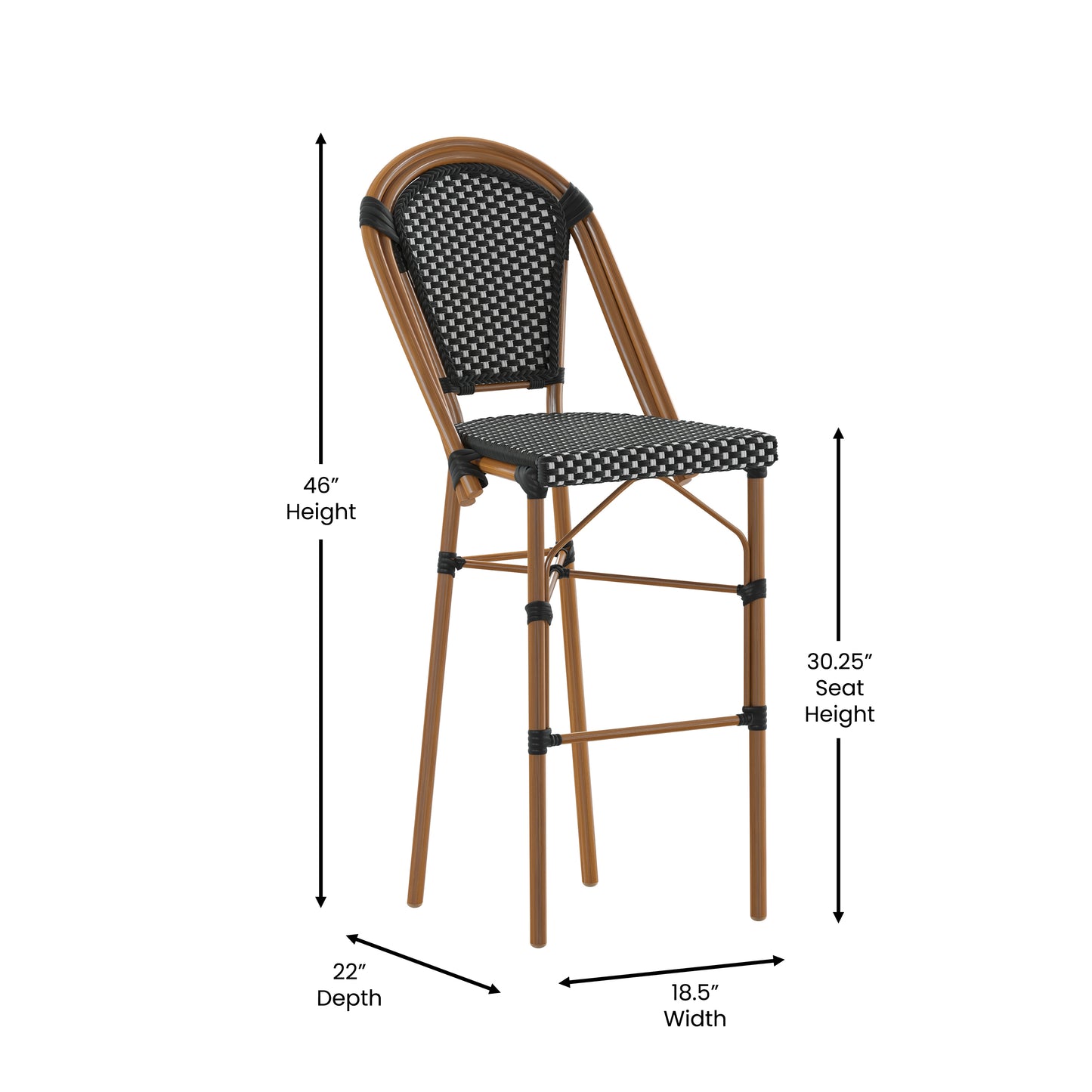 Bordeaux Stackable Indoor/Outdoor Bistro 30" High Barstool, Commercial Grade, Black/White and Bamboo Finish Black & White/Natural Frame